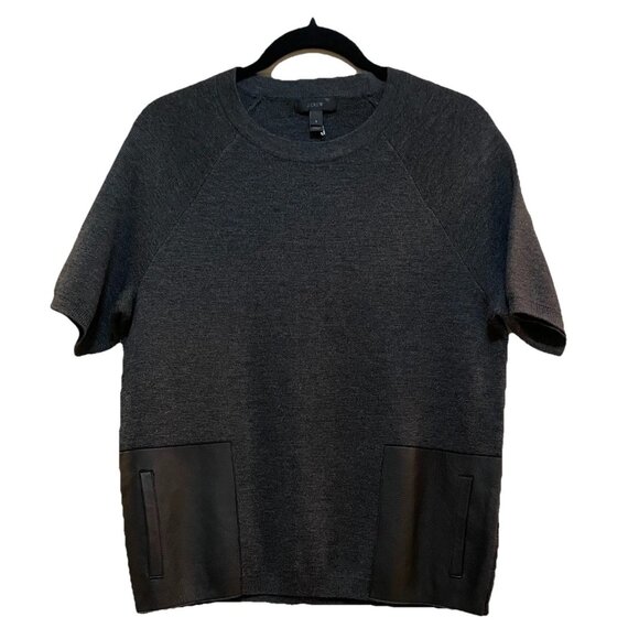 J. Crew Gray Merino Wool Leather Pockets Short Sleeve Boxy Fit Sweater Sz S NWOT - Picture 1 of 7